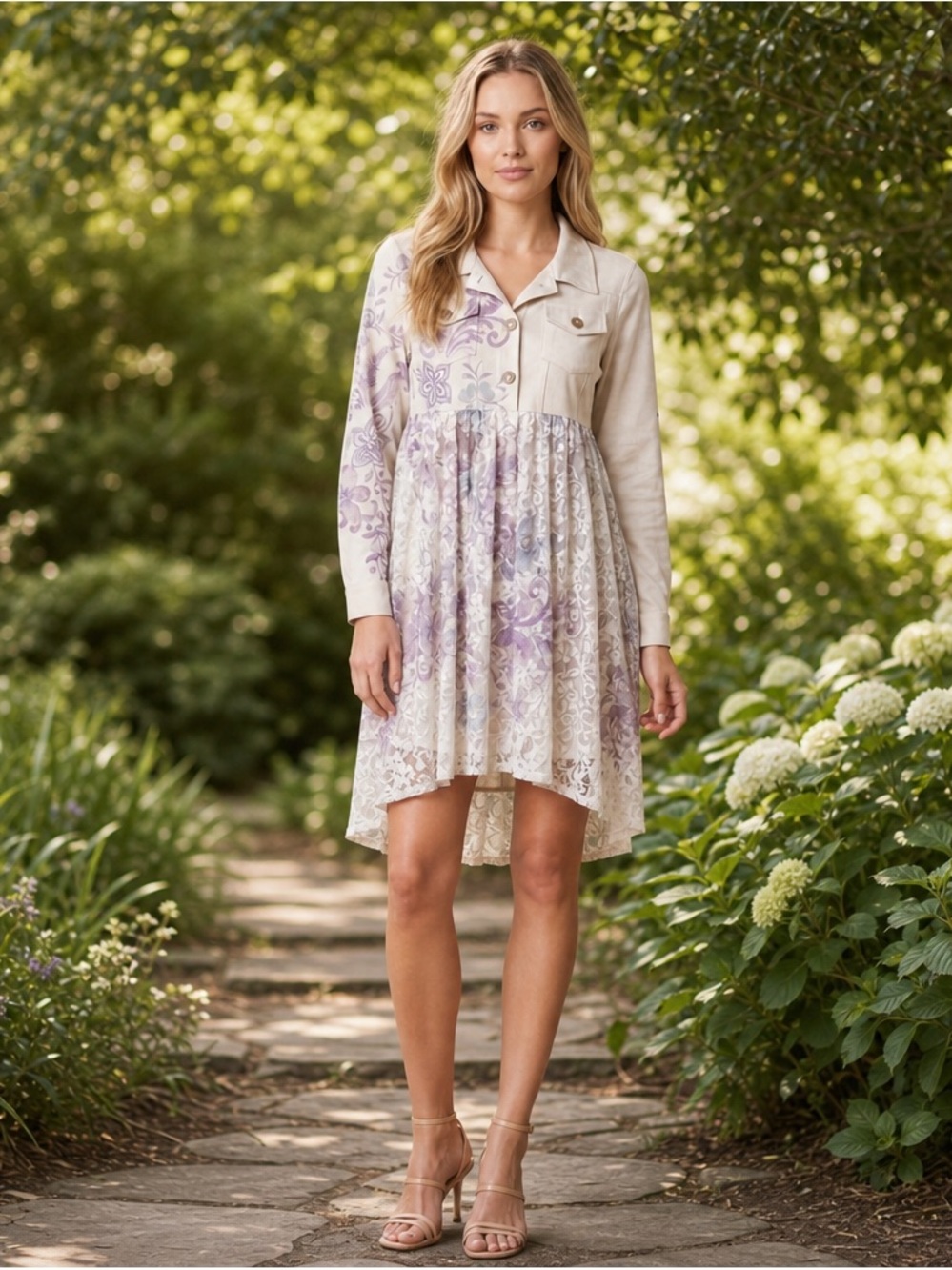 Origami Faux Suede Lace S/M Boho Floral Tunic. Suede Top Lace Skirt